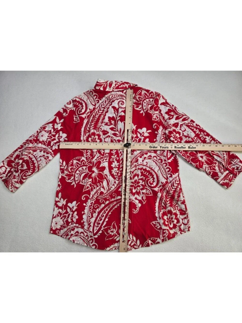 Chicos No-Iron Button-Down Shirt Size 0 Small Red White Floral Paisley 3/4 Sleev - Picture 4 of 4